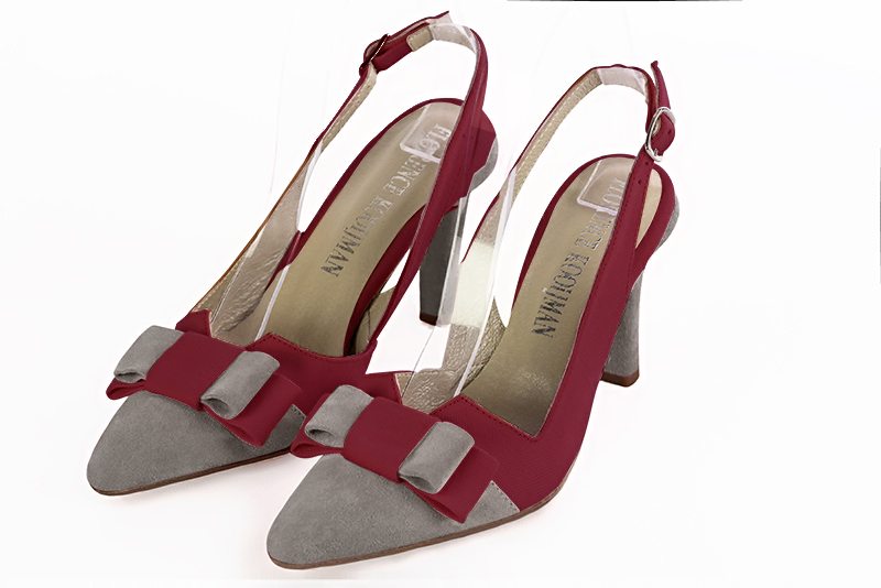 Dove grey and burgundy red women's open back shoes, with a knot. Tapered toe. High slim heel. Front view - Florence KOOIJMAN